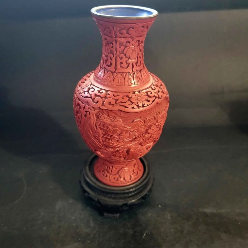 Vintage Chinese Carved Cinnabar Lacquer Vase Dating To The Mid-20th Century